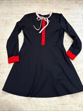 AFTER MARKET M Navy Long-Sleeve fit & flare dress w Red Trim, Pink Bow Neck